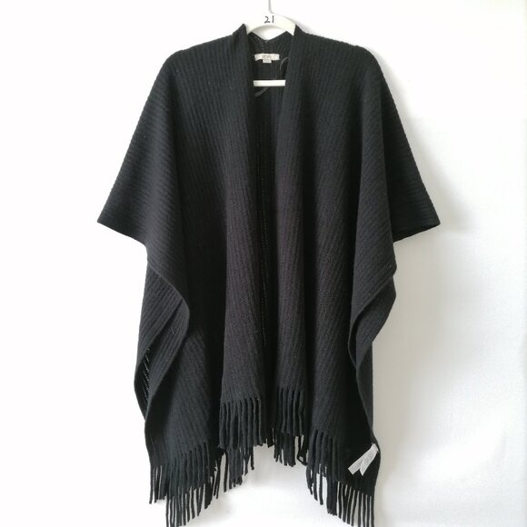 Loft Womens Black Fringe Knited Open Front Poncho Cardigan Sweater Wrap One Size - Picture 1 of 6